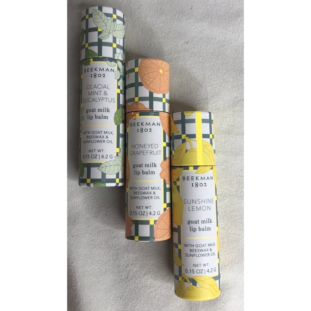 3 BEEKMAN GOAT MILK LIP BALM- MINT EUCALYPTUS HONEYED GRAPEFRUIT- SUNSHINE LEMON